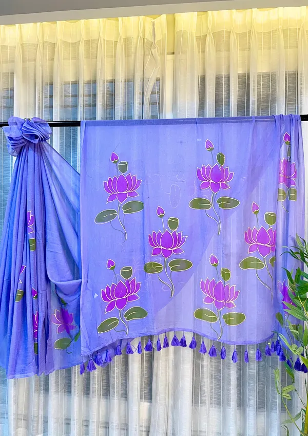 Kamalkari:_Lavender_Mul_Cotton_Saree_With_Hand-Painted_Work_For_Women