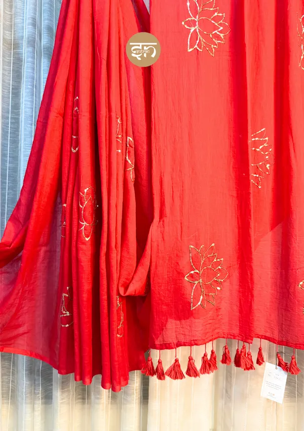 Swarnakamal:_Red_&_Golden_Mul_Cotton_Saree_With_Sequin_Work_For_Women