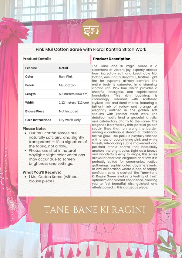 Tane-Bane_Ki_Ragini:_Pink_Mul_Cotton_Saree_With_Kantha_Stitch_Work_For_Women