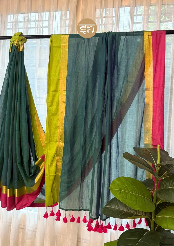 Anuragini:_Bottle_Green_Mul_Cotton_Saree_For_Women