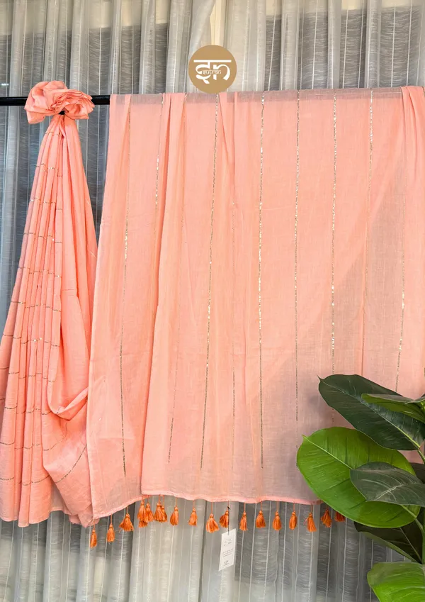 Jashn-E-Bahara:_Peach_&_Silver_Mul_Cotton_Saree_With_Sequin_Work_For_Women