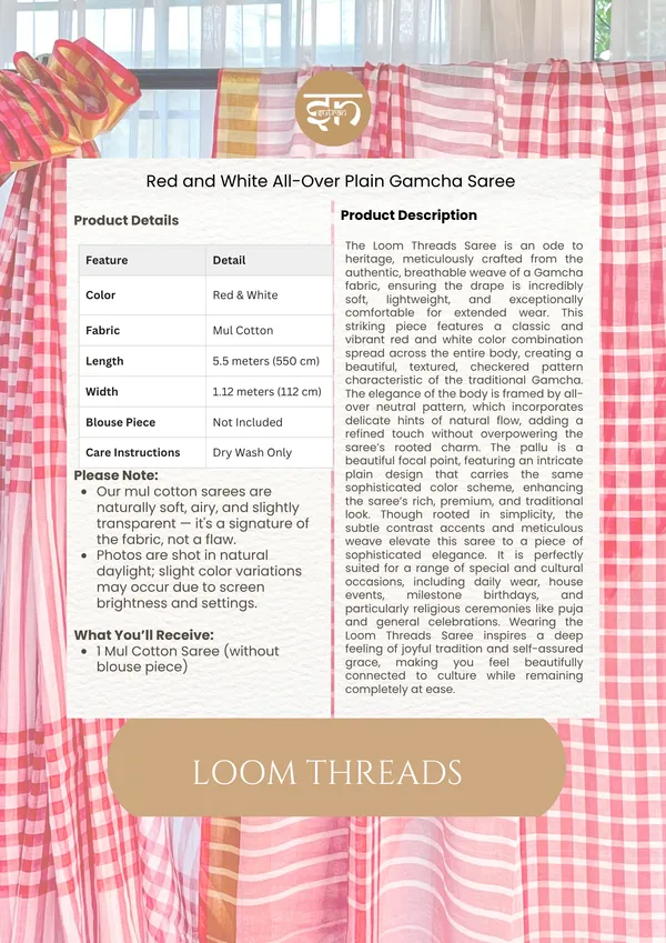 Loom_Threads:_Red_&_White_Mul_Cotton_Saree_With_Gamcha_Work_For_Women