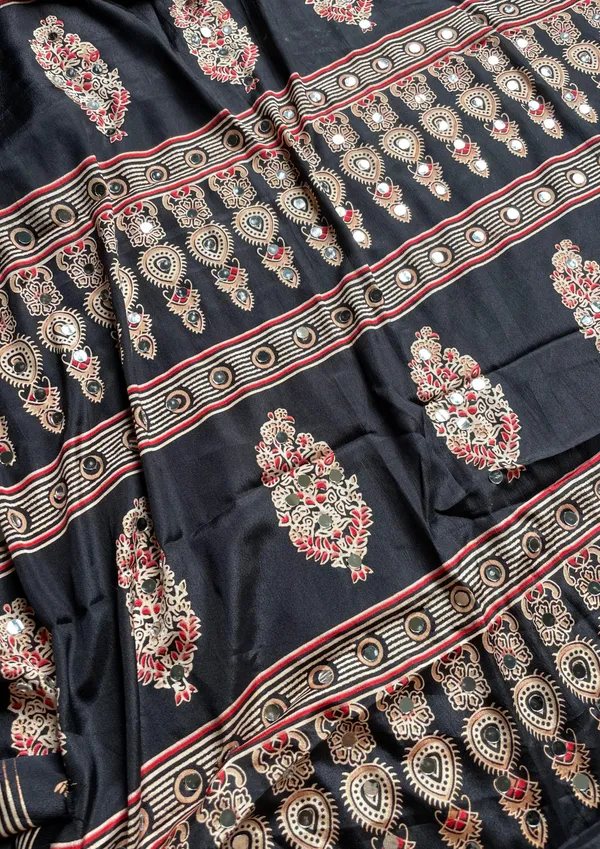 Sheesh_Chic:_Black_Japan_Satin_Saree_with_Detailed_Ajrakh_Print_with_Mirror_Work