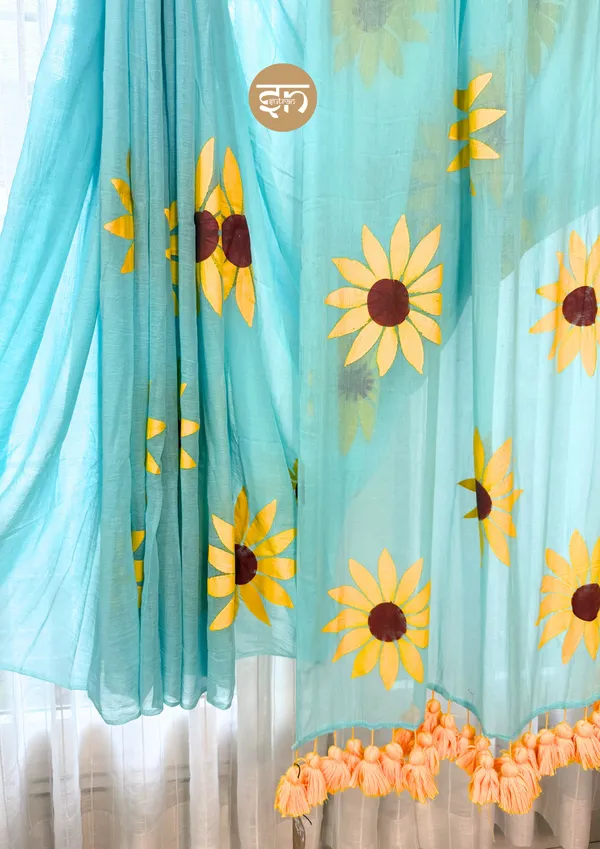Suraj_Hua_Madhyam:_Sky_Blue_&_Yellow_Mul_Cotton_Saree_With_Hand-Painted_Work_For_Women