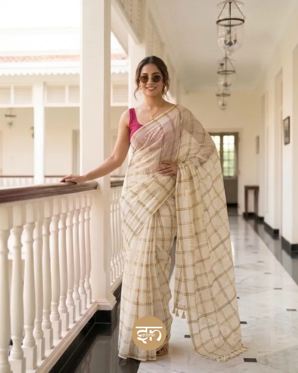 Zarisaaz:_White_&_Golden_Mul_Cotton_Sitar_Box_Saree_For_Women