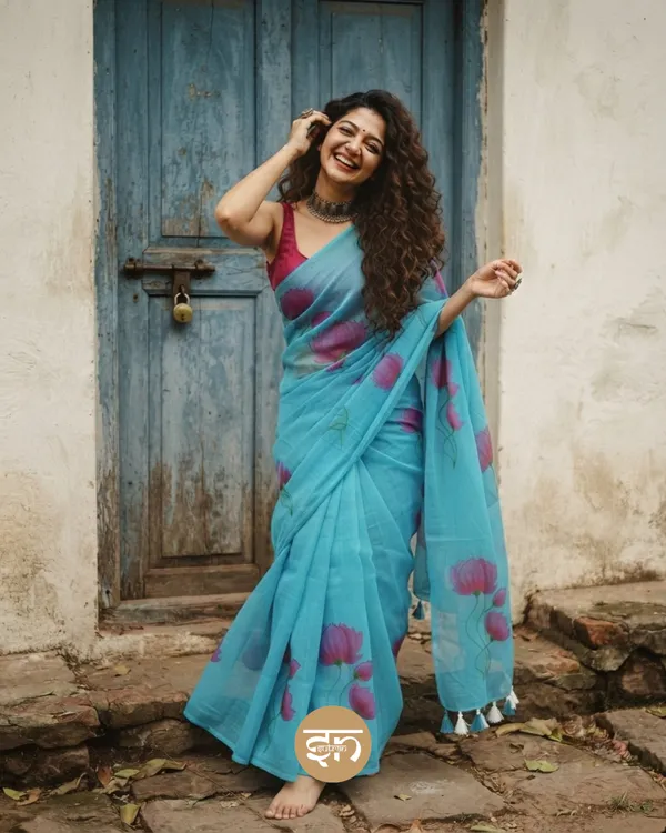 Kamalkari:_Blue_Mul_Cotton_Saree_With_Hand-Painted_Work_For_Women