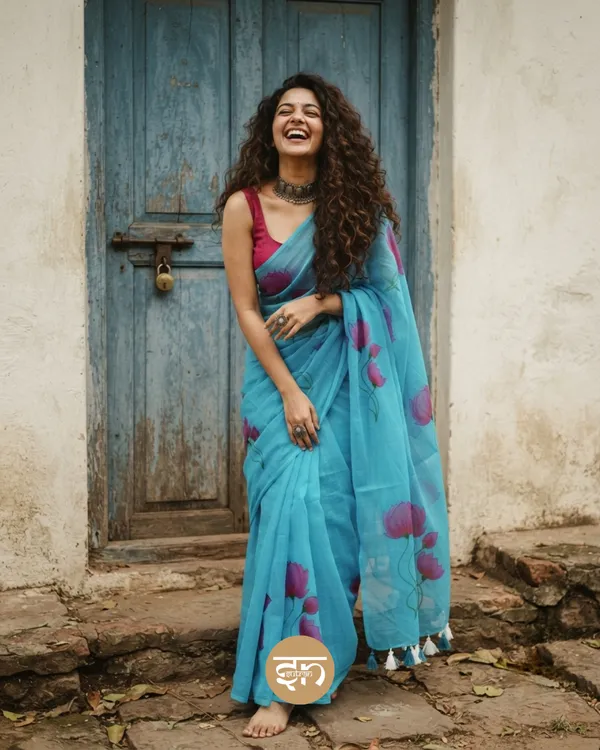 Kamalkari:_Blue_Mul_Cotton_Saree_With_Hand-Painted_Work_For_Women