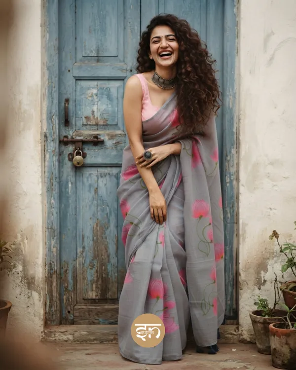 Kamalkari:_Grey_Mul_Cotton_Saree_With_Hand-Painted_Work_For_Women