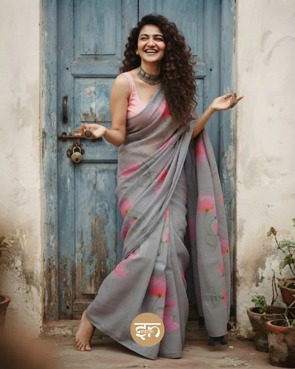 Kamalkari:_Grey_Mul_Cotton_Saree_With_Hand-Painted_Work_For_Women