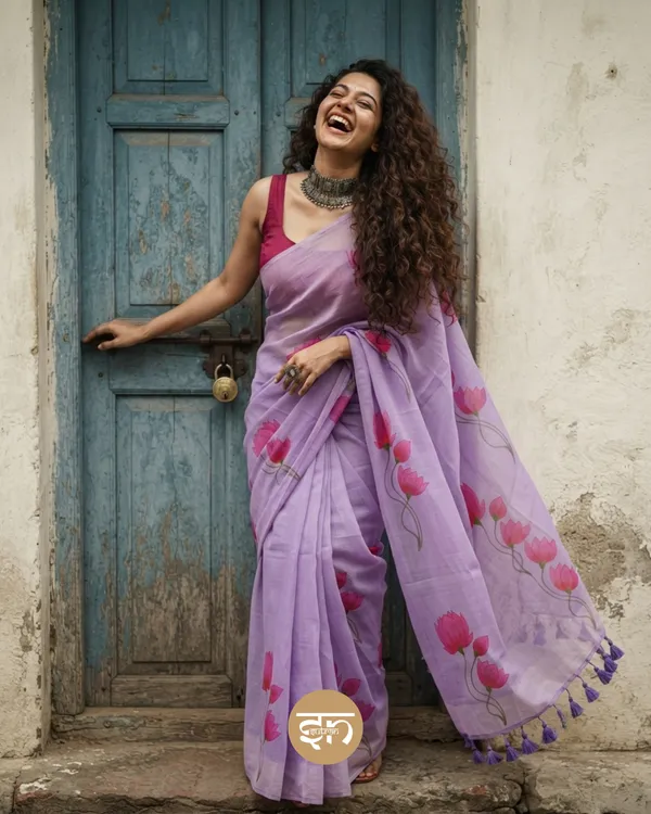 Kamalkari:_Lavender_Mul_Cotton_Saree_With_Hand-Painted_Work_For_Women