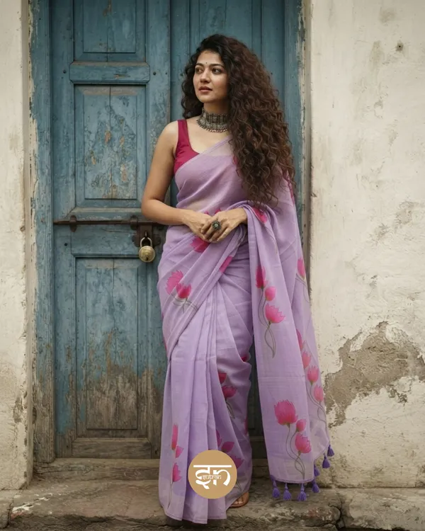 Kamalkari:_Lavender_Mul_Cotton_Saree_With_Hand-Painted_Work_For_Women