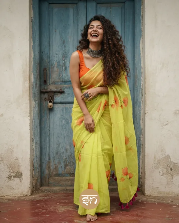 Kamalkari:_Lime_Green_Mul_Cotton_Saree_With_Hand-Painted_Work_For_Women