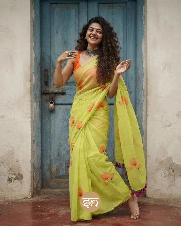 Kamalkari:_Lime_Green_Mul_Cotton_Saree_With_Hand-Painted_Work_For_Women