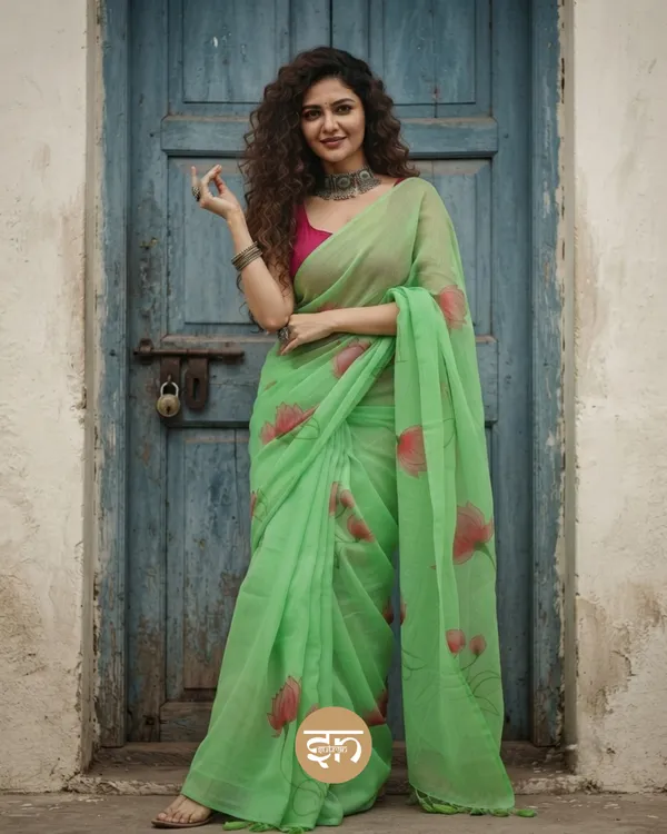 Kamalkari:_Pista_Mul_Cotton_Saree_With_Hand-Painted_Work_For_Women