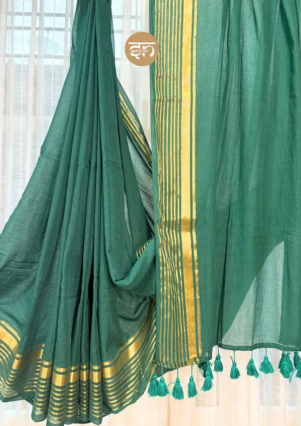 Anuragini:_Bottle_Green_&_Golden_Mul_Cotton_Saree_For_Women