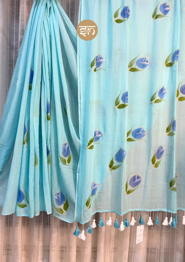 Rang_Rang_Mein:_Sky_Blue_Mul_Cotton_Saree_With_Hand-Painted_Work_For_Women