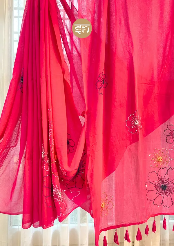 Tane-Bane_Ki_Ragini:_Pink_Mul_Cotton_Saree_With_Kantha_Stitch_Work_For_Women