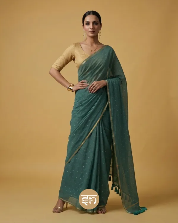 Leher:_Beach_Blue_Mul_Cotton_Saree_with_All-Over_Golden_Dots