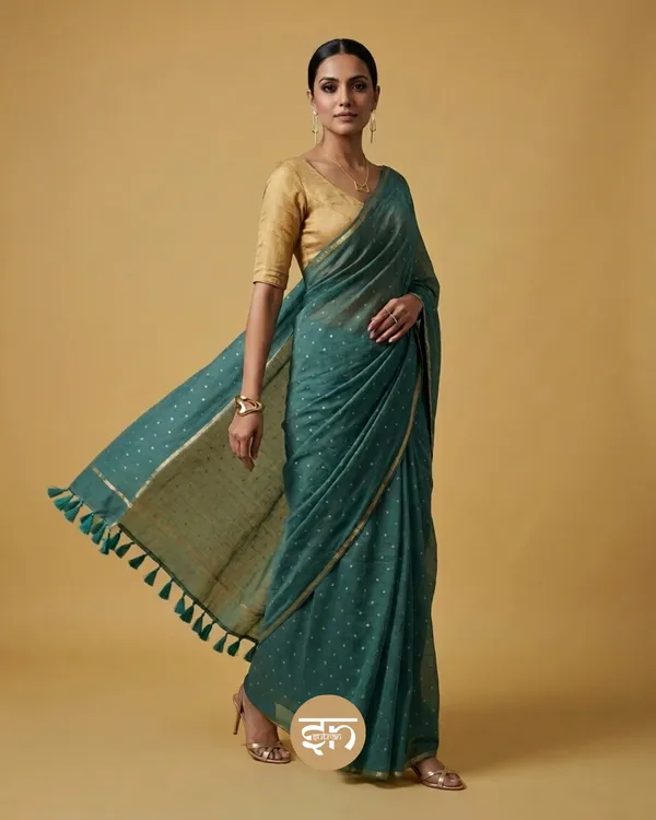 Leher:_Beach_Blue_Mul_Cotton_Saree_with_All-Over_Golden_Dots