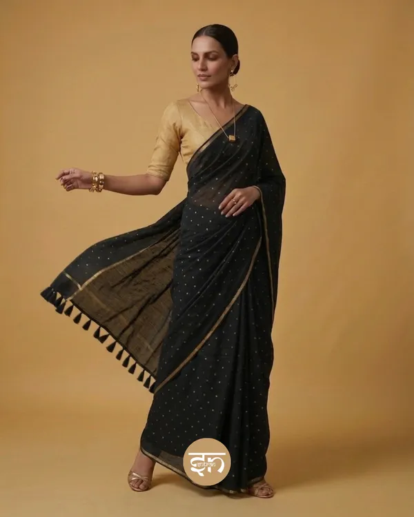Leher:_Black_Mul_Cotton_Saree_with_All-Over_Golden_Dots