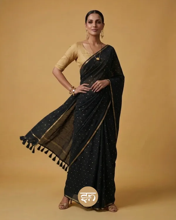 Leher:_Black_Mul_Cotton_Saree_with_All-Over_Golden_Dots