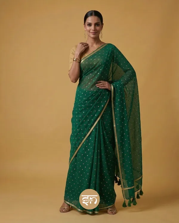 Leher:_Bottle_Green_Mul_Cotton_Saree_with_All-Over_Golden_Dots