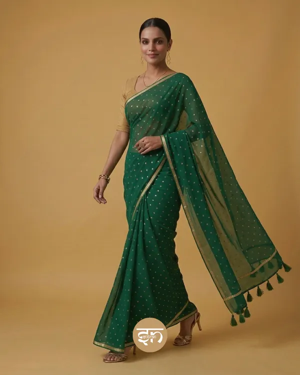 Leher:_Bottle_Green_Mul_Cotton_Saree_with_All-Over_Golden_Dots