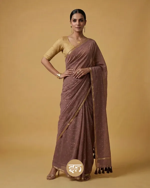 Leher:_Brown_Mul_Cotton_Saree_with_All-Over_Golden_Dots