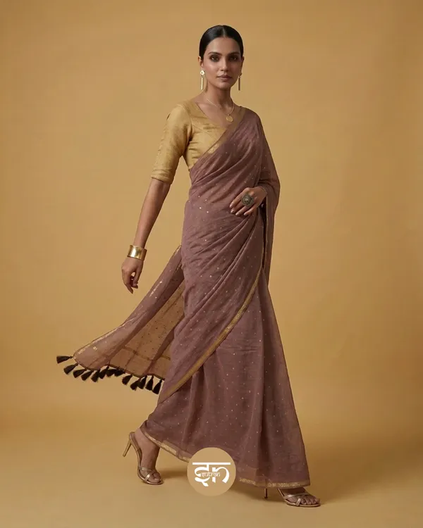 Leher:_Brown_Mul_Cotton_Saree_with_All-Over_Golden_Dots