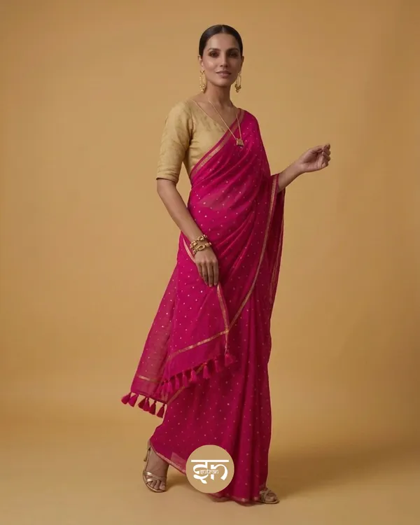 Leher:_Dark_Pink_Mul_Cotton_Saree_with_All-Over_Golden_Dots