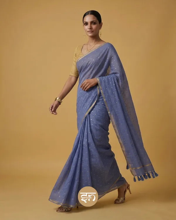 Leher:_Greyish_Blue_Mul_Cotton_Saree_with_All-Over_Golden_Dots