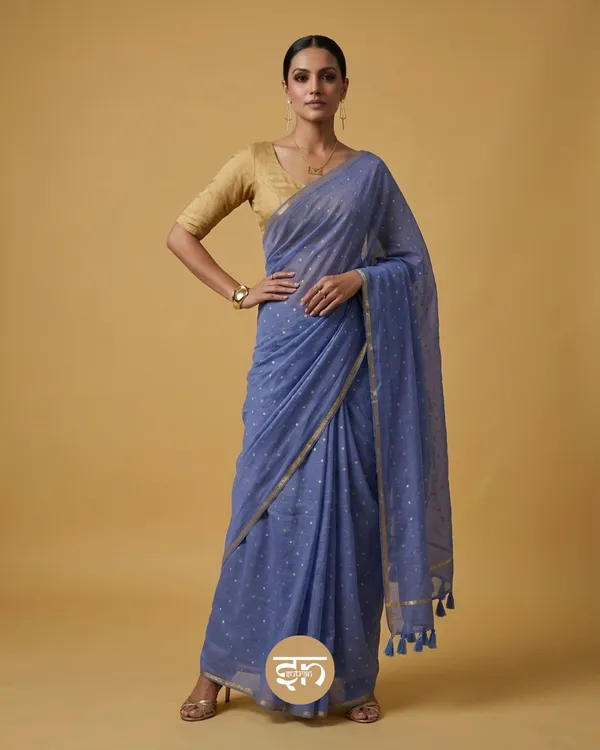 Leher:_Greyish_Blue_Mul_Cotton_Saree_with_All-Over_Golden_Dots