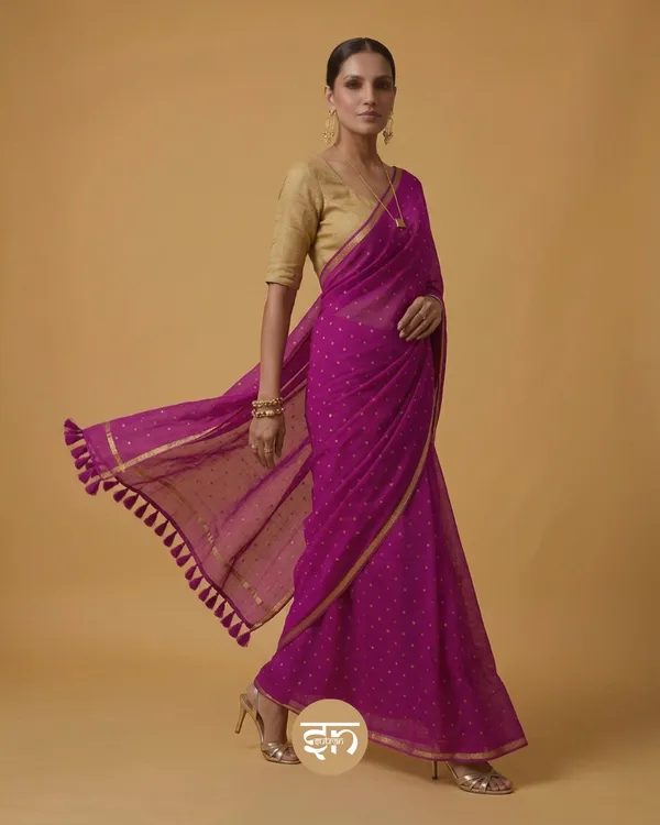 Leher:_Magenta_Mul_Cotton_Saree_with_All-Over_Golden_Dots