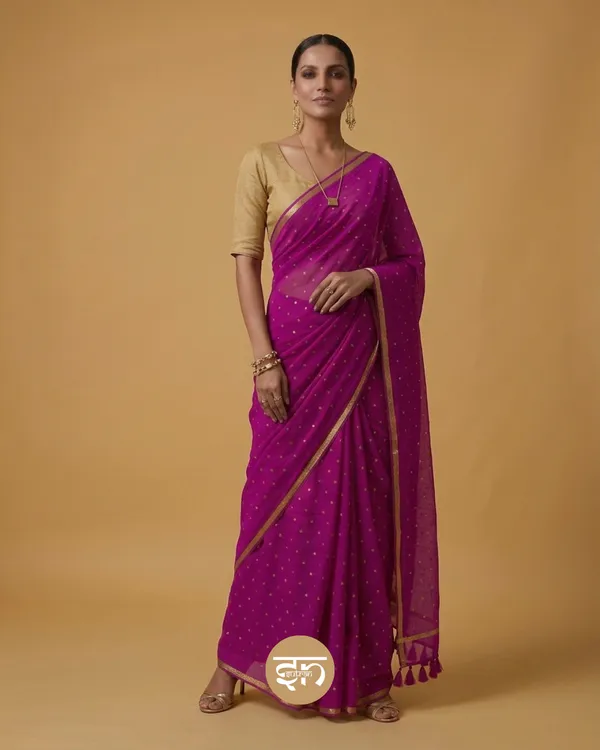 Leher:_Magenta_Mul_Cotton_Saree_with_All-Over_Golden_Dots