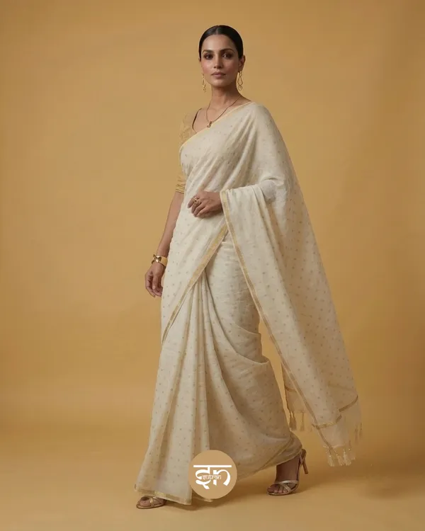 Leher:_White_Mul_Cotton_Saree_with_All-Over_Golden_Dots