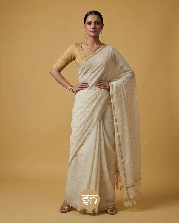 Leher:_White_Mul_Cotton_Saree_with_All-Over_Golden_Dots