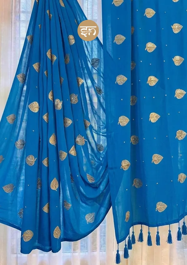 Moonlit_Leaves:_Indigo_Pure_Mul_Cotton_Saree_with_Elegant_Leaf_Sequin_Embroidery_Work