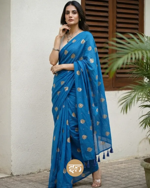 Moonlit_Leaves:_Indigo_Pure_Mul_Cotton_Saree_with_Elegant_Leaf_Sequin_Embroidery_Work