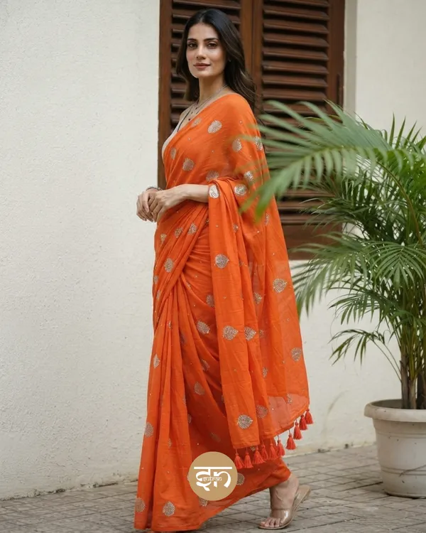 Moonlit_Leaves:_Orange_Pure_Mul_Cotton_Saree_with_Elegant_Leaf_Sequin_Embroidery_Work