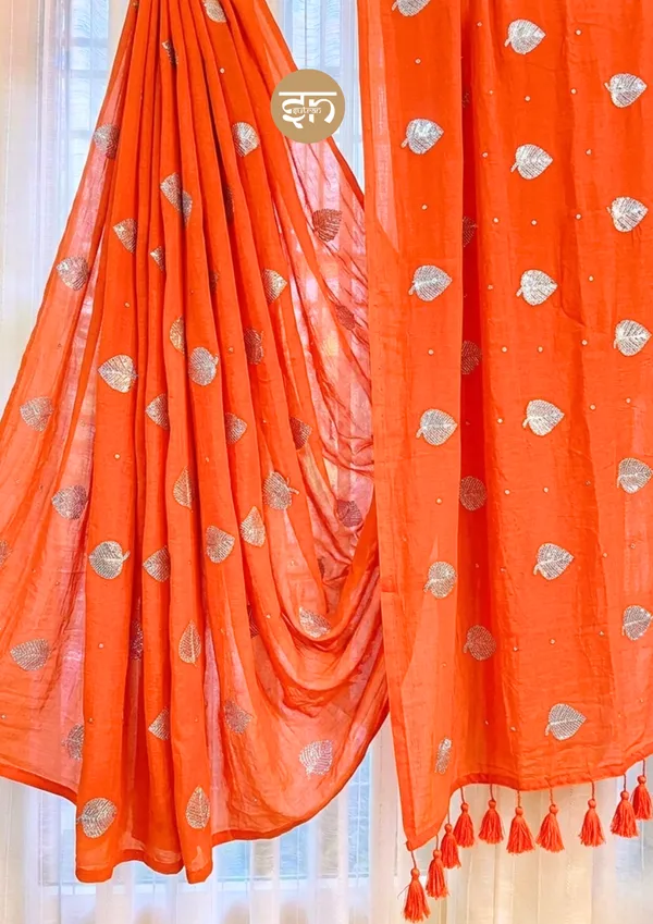 Moonlit_Leaves:_Orange_Pure_Mul_Cotton_Saree_with_Elegant_Leaf_Sequin_Embroidery_Work