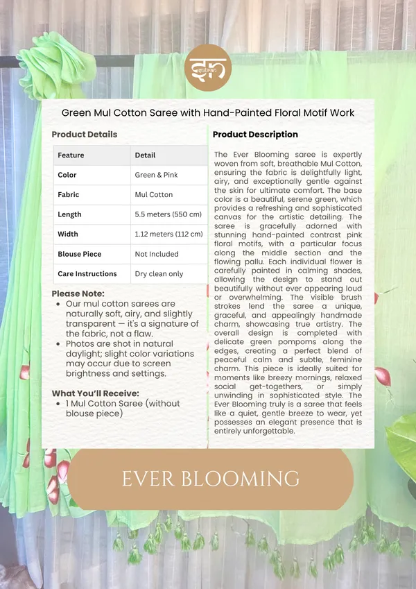 Ever_Blooming:_Green_&_Pink_Mul_Cotton_Saree_With_Hand-Painted_Work_For_Women