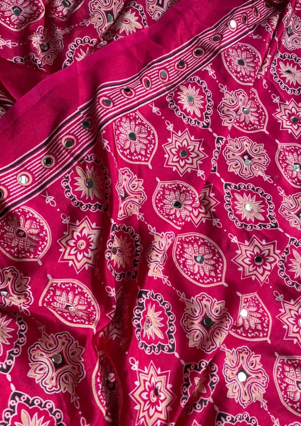 Sheesh_Chic:_Pink_Japan_Satin_Saree_with_Detailed_Ajrakh_Print_with_Mirror_Work
