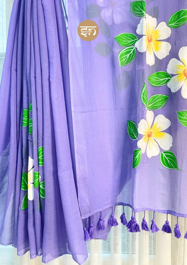 Ever_Blooming:_Lavender_&_White_Mul_Cotton_Saree_With_Hand-Painted_Work_For_Women