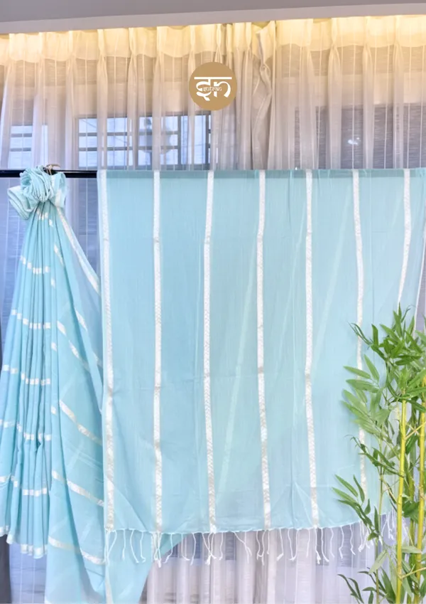 Sorol_Totini:_Sky_Blue_&_White_Cotton_Blend_Saree_With_Thread_Work_For_Women