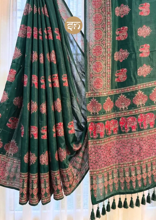 Sheesh_Chic:_Bottle_Green_Japan_Satin_Saree_with_Detailed_Ajrakh_Print_with_Mirror_Work