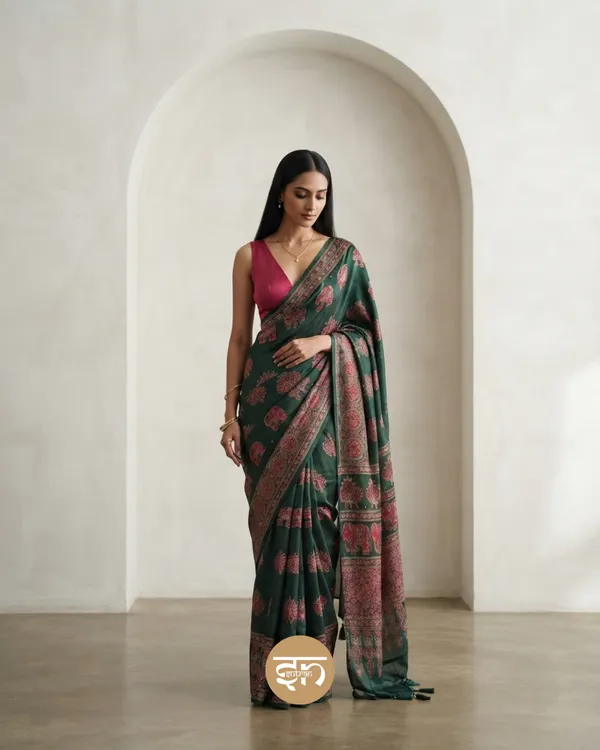 Sheesh_Chic:_Bottle_Green_Japan_Satin_Saree_with_Detailed_Ajrakh_Print_with_Mirror_Work