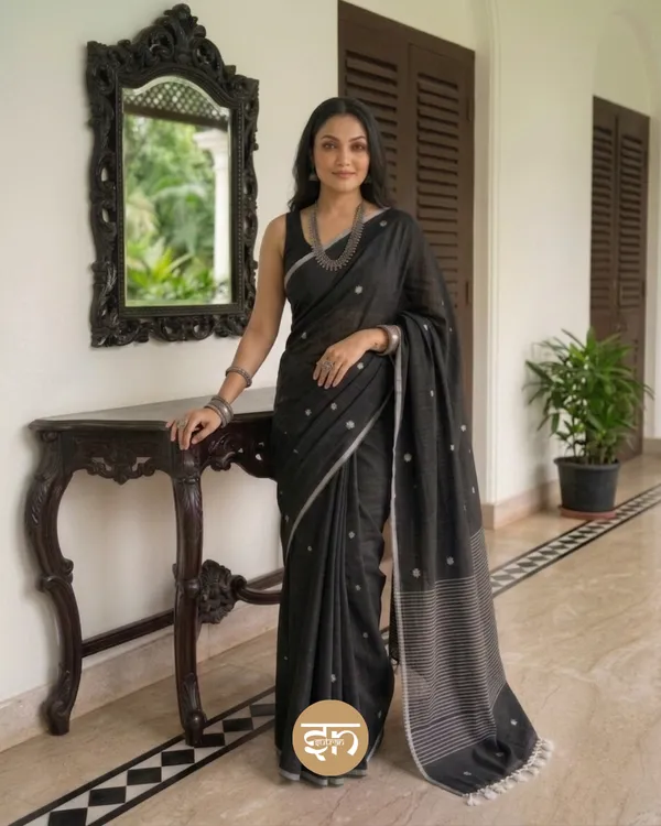 Maya_Motif:_Black_Mul_Cotton_Saree_with_Jamdani_Buti_Motifs