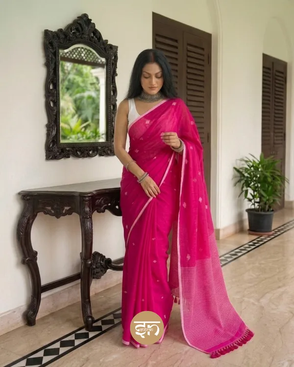 Maya_Motif:_Hot_Pink_Mul_Cotton_Saree_with_Jamdani_Buti_Motifs
