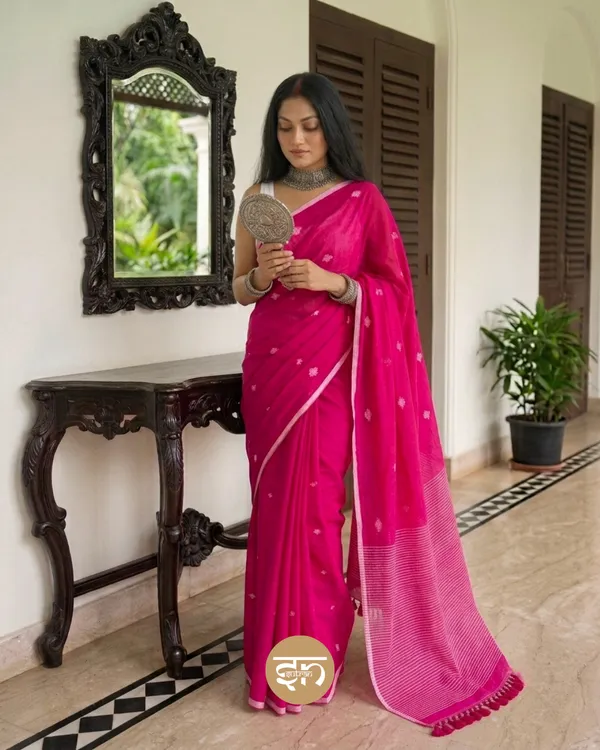 Maya_Motif:_Hot_Pink_Mul_Cotton_Saree_with_Jamdani_Buti_Motifs
