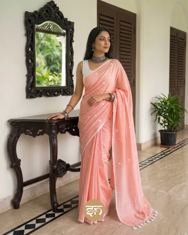 Maya_Motif:_Peach_Mul_Cotton_Saree_with_Jamdani_Buti_Motifs